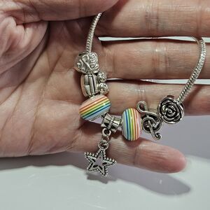 Silver Tone Slide Charm Bracelet With Charms - Some Sterling Silver 7-9"